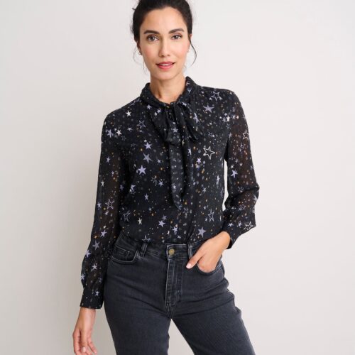 Star Print Tie-Neck Colette Shirt